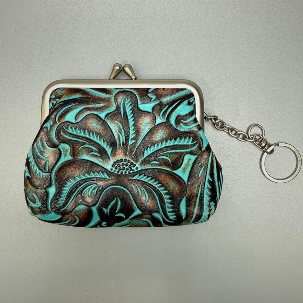 PATRICIA NASH Borse Tooled Leather Coin Purse Kiss Lock Turquoise Floral Western